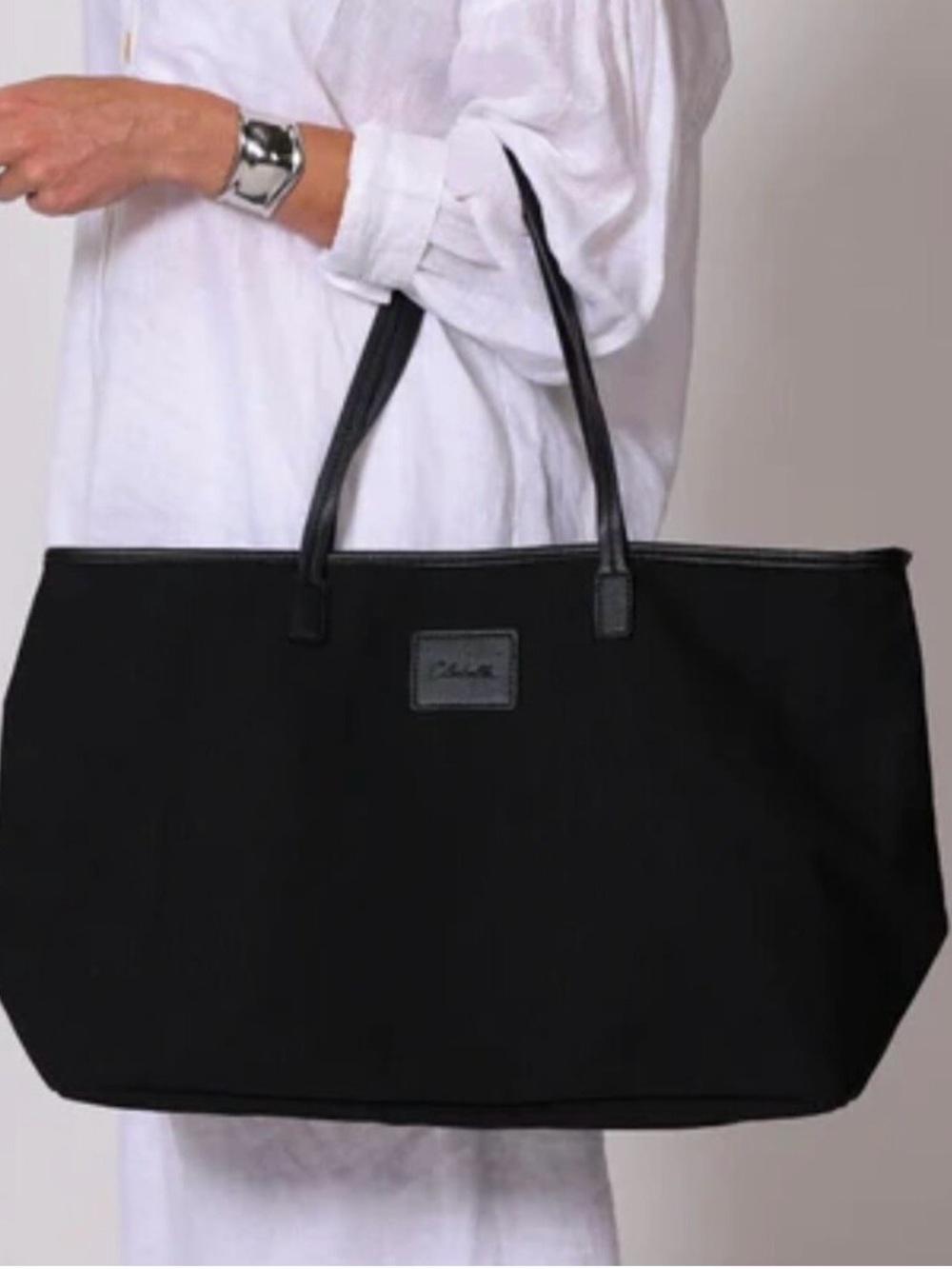 Cleobella Large Black Canvas Tote Bag | Vegan Leather Trim | Oversized Shopper